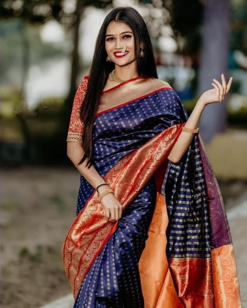 Malishka Export Jacquard Lichi Silk Blue Saree With Unstiched Blouse Piece