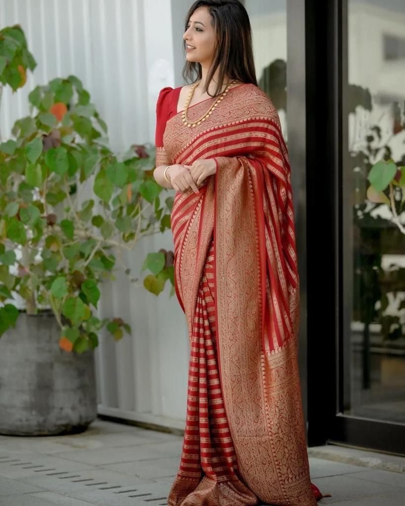 Malishka Export Jacquard Lichi Silk Red Saree With Unstiched Blouse Piece