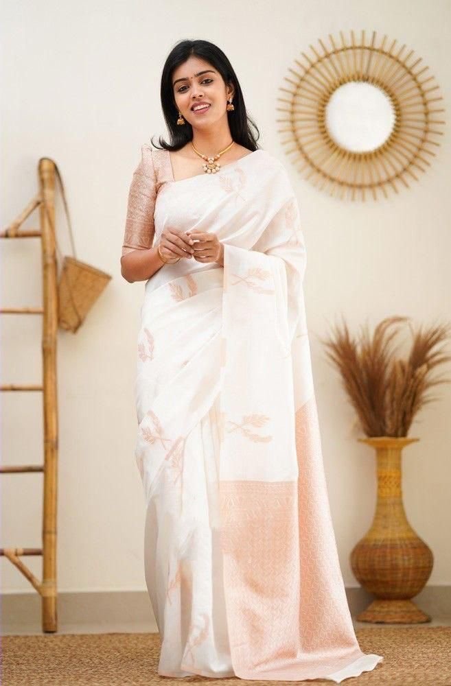 Malishka Export Jacquard Lichi Silk White Saree With Unstiched Blouse Piece