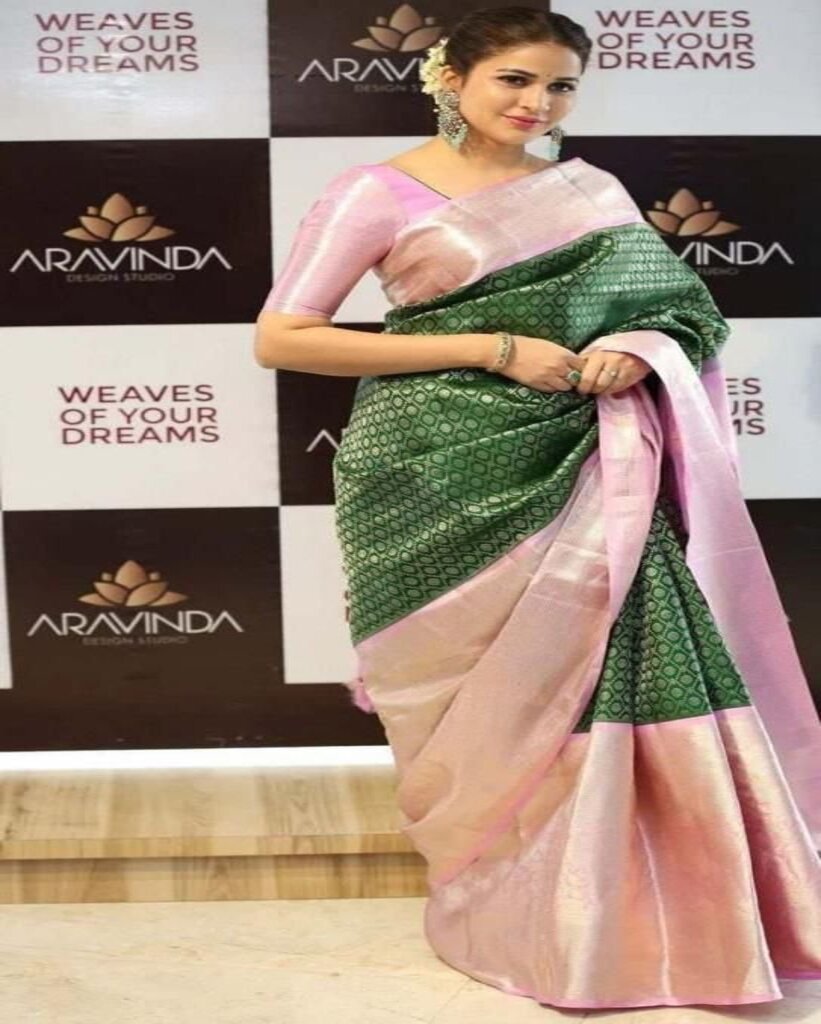 Malishka Export Jacquard Lichi Silk Green Saree With Unstiched Blouse Piece