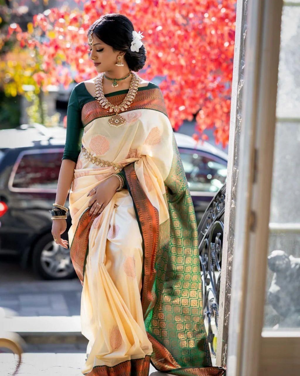 Malishka Export Jacquard Lichi Silk Cream Saree With Unstiched Blouse Piece