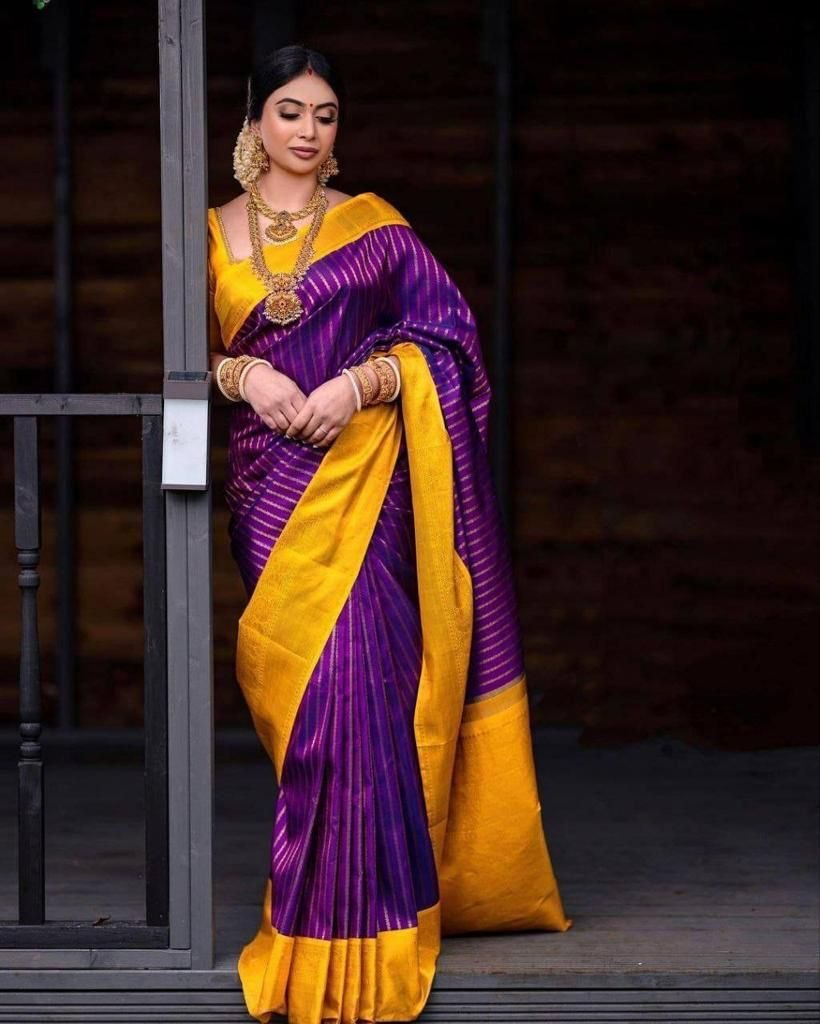 Malishka Export Jacquard Lichi Silk Purple Saree With Unstiched Blouse Piece