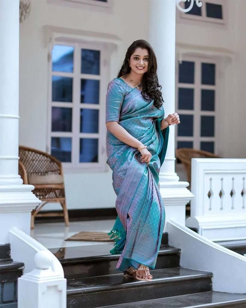 Malishka Export Jacquard Lichi Silk Sky Blue Saree With Unstiched Blouse Piece