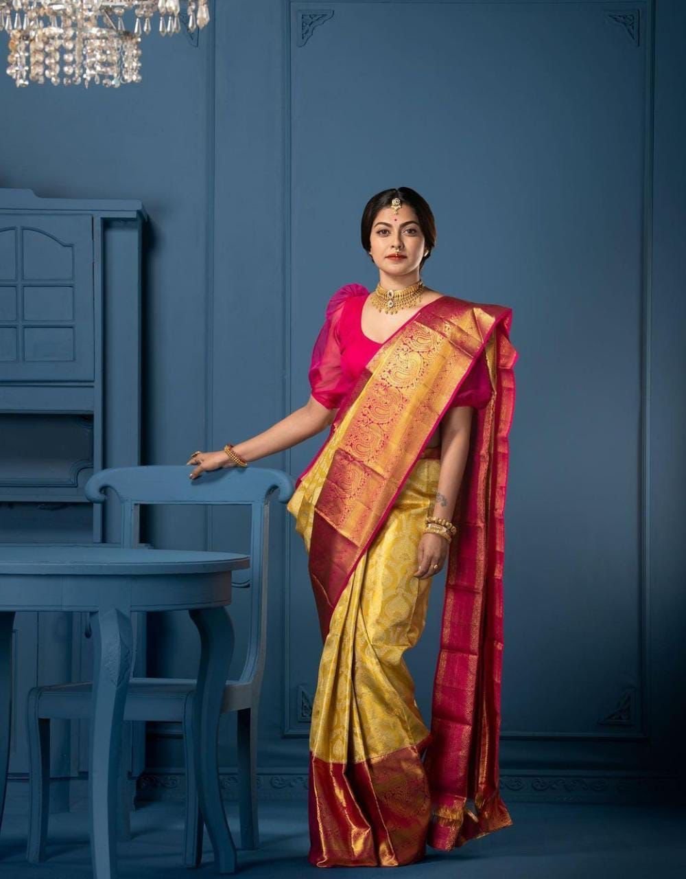 Malishka Export Jacquard Lichi Silk Yellow Saree With Unstiched Blouse Piece