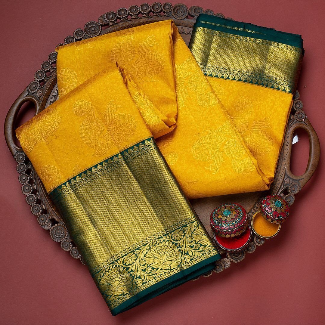 Malishka Export Jacquard Lichi Silk Yellow Saree With Unstiched Blouse Piece