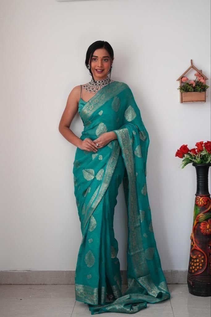Malishka Export Weaving Linen Sky Blue Saree With Unstiched Blouse Piece