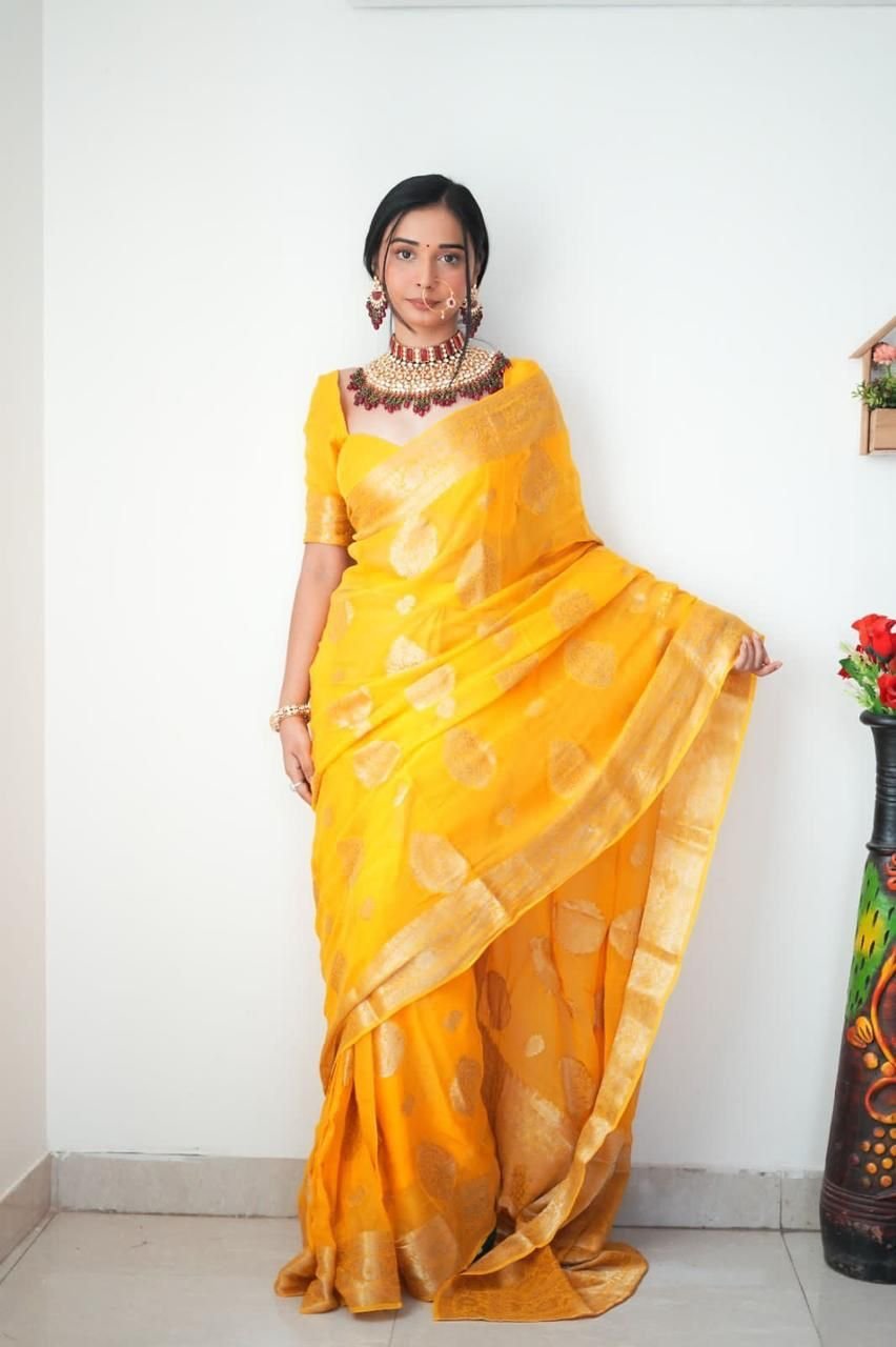 Malishka Export Weaving Linen Yellow Saree With Unstiched Blouse Piece