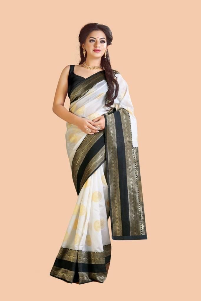 Malishka Export Jacquard Lichi Silk White Saree With Unstiched Blouse Piece