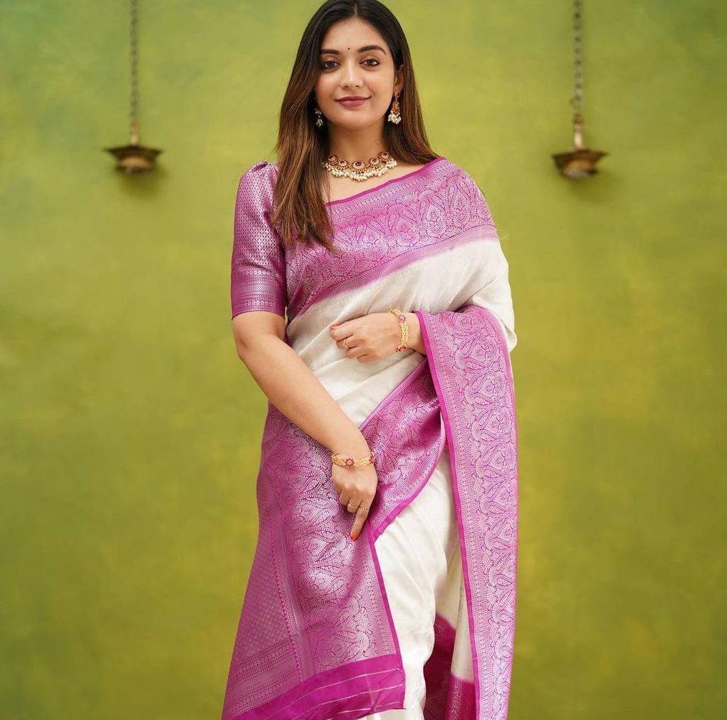 Malishka Export Jacquard Lichi Silk White Saree With Unstiched Blouse Piece