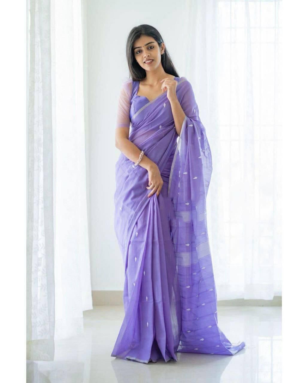 Malishka Export Weaving Linen Slub Lavender Saree With Unstiched Blouse Piece