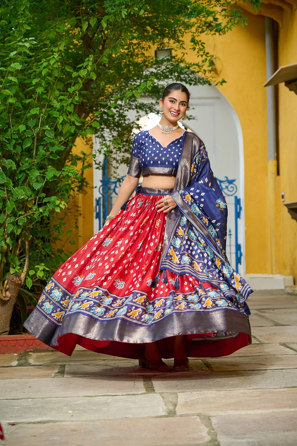 Womens Red Lichi Silk Printed with Zari Boarder Lehenga Choli Set