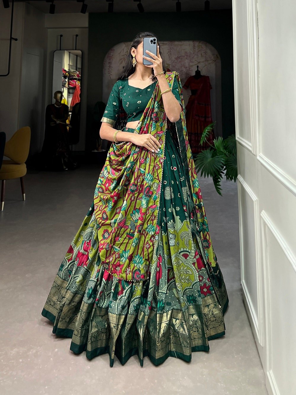 Malishka Export Womens Green Dola Silk With Foil Print Lehenga Choli Set