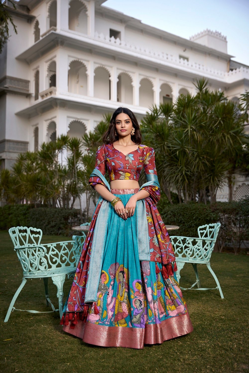 Malishka Export Womens Firozi Dola Silk With Jacquard Lehenga Choli Set