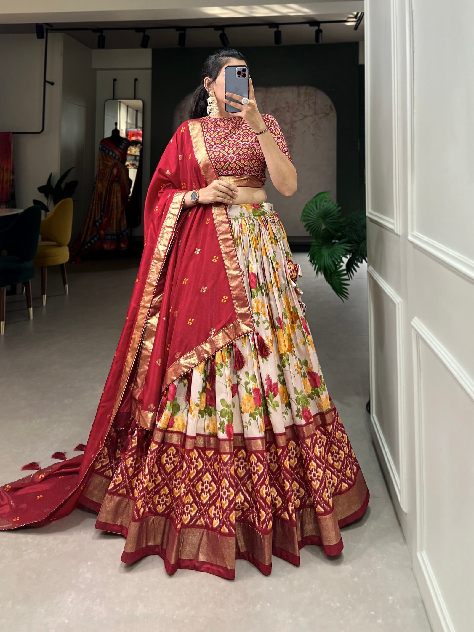 Malishka Export Womens Red Dola Silk With Foil Print Lehenga Choli Set