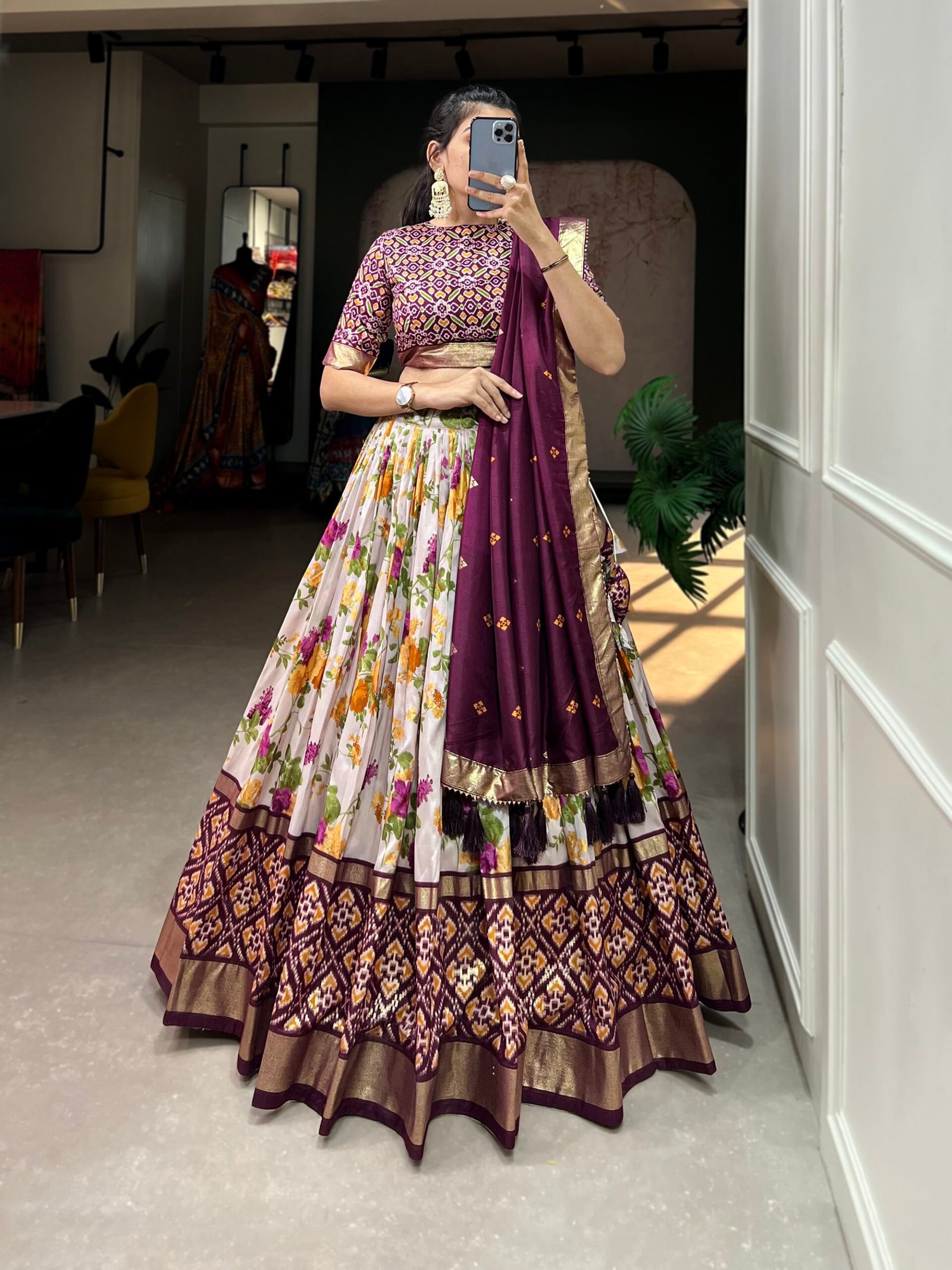 Malishka Export Womens Wine Dola Silk With Foil Print Lehenga Choli Set