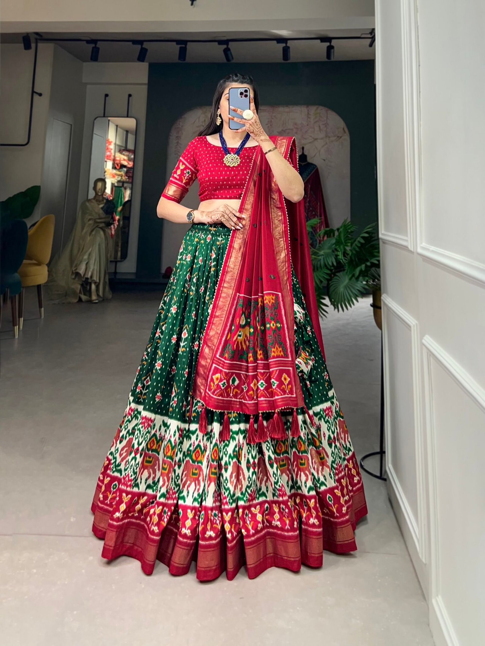 Malishka Export Womens Green Dola Silk With Foil Print Lehenga Choli Set