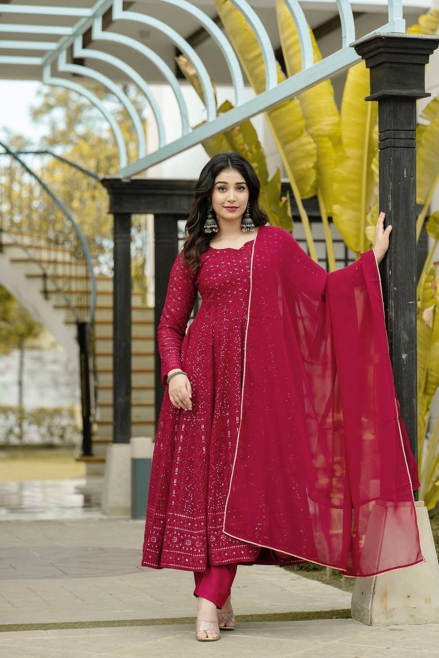 Avantini Women's Pista Chinon Digital Print Anarkali Kurta Pant With Dupatta