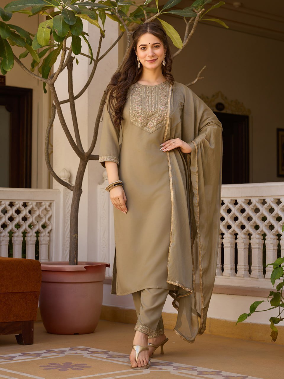 Avantini Women's Brown Cotton Silk Embroidered Straight Kurta Pant With Dupatta