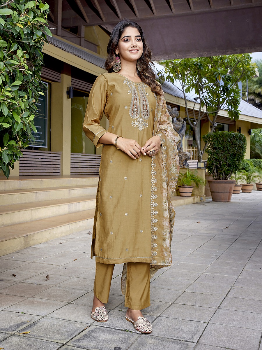 Women's Viscose Chanderi Embroidery Straight Kurta Pant With Dupatta