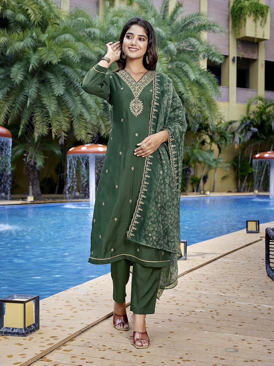 Women's Viscose Chanderi Embroidery Straight Kurta Pant With Dupatta