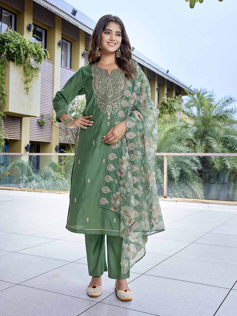 Women's Viscose Chanderi Embroidery Straight Kurta Pant With Dupatta