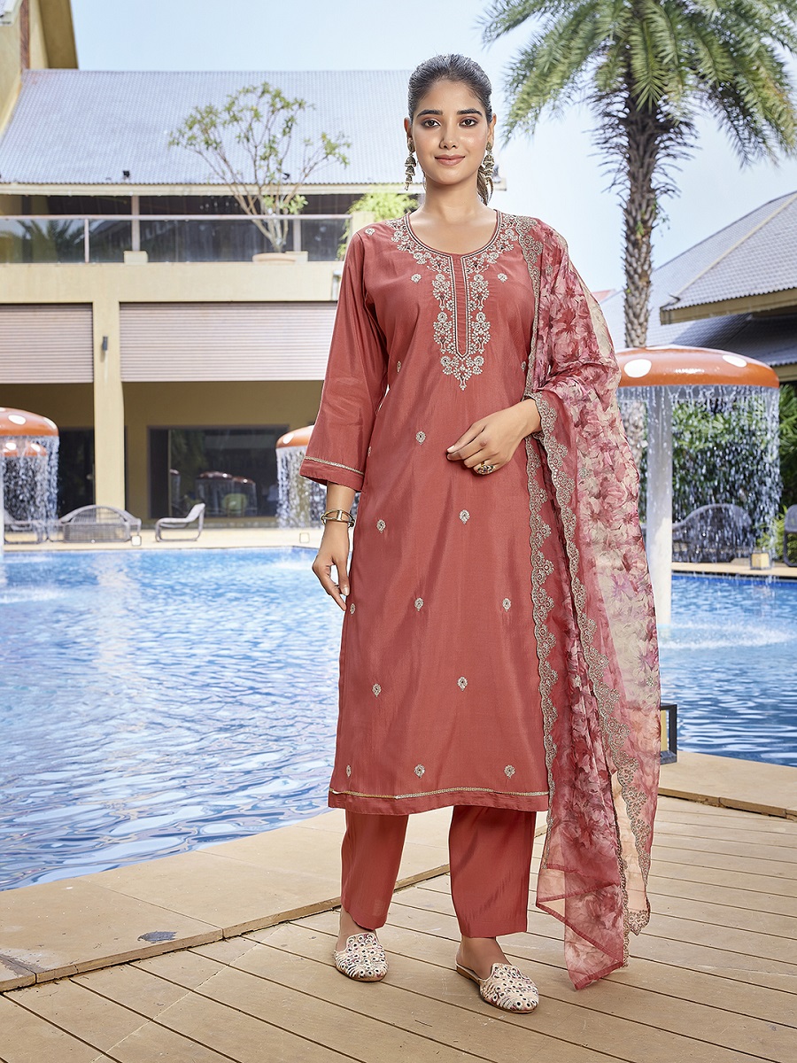 Women's Silk Blend Embroidery Straight Kurta Pant With Dupatta