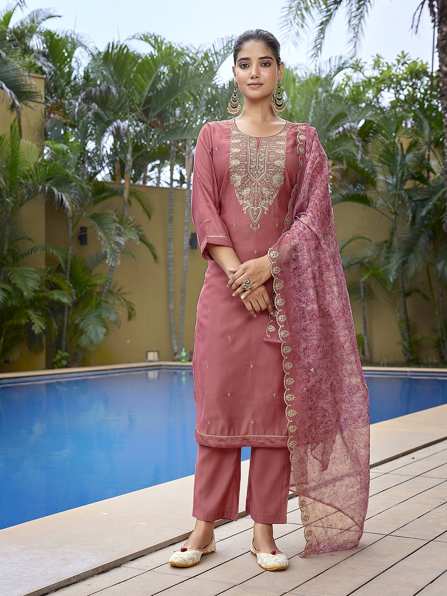 Women's Viscose Chanderi Embroidery Straight Kurta Pant With Dupatta