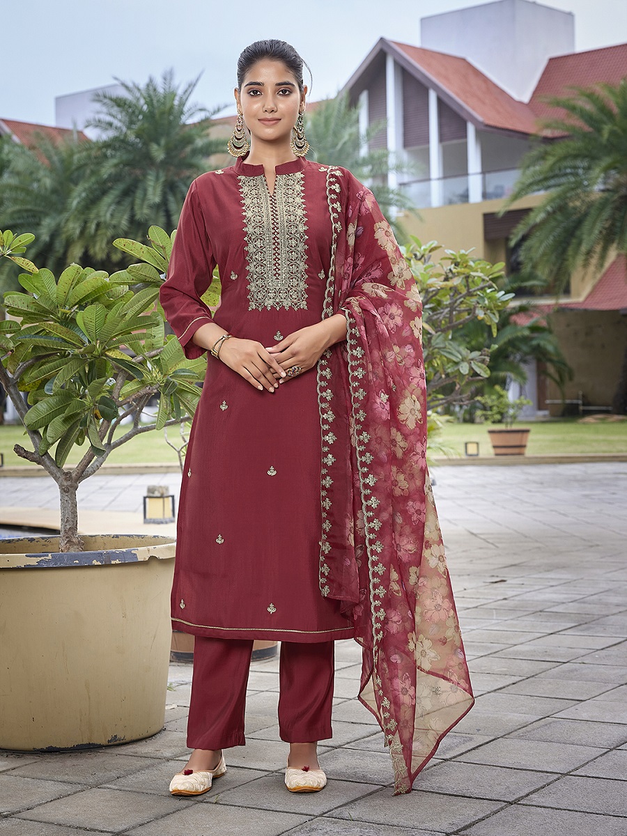 Women's Viscose Chanderi Embroidery Straight Kurta Pant With Dupatta