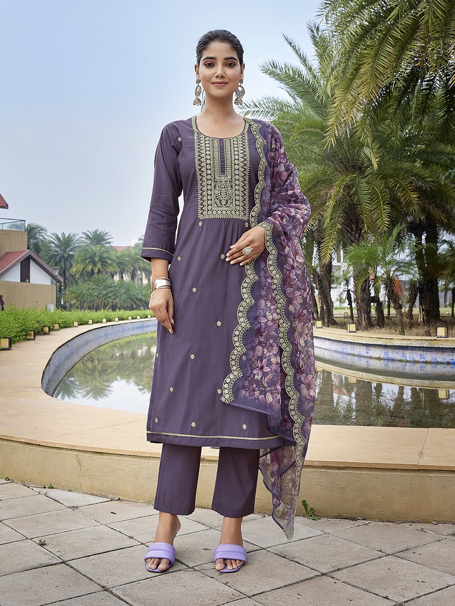 Women's Viscose Chanderi Embroidery Straight Kurta Pant With Dupatta
