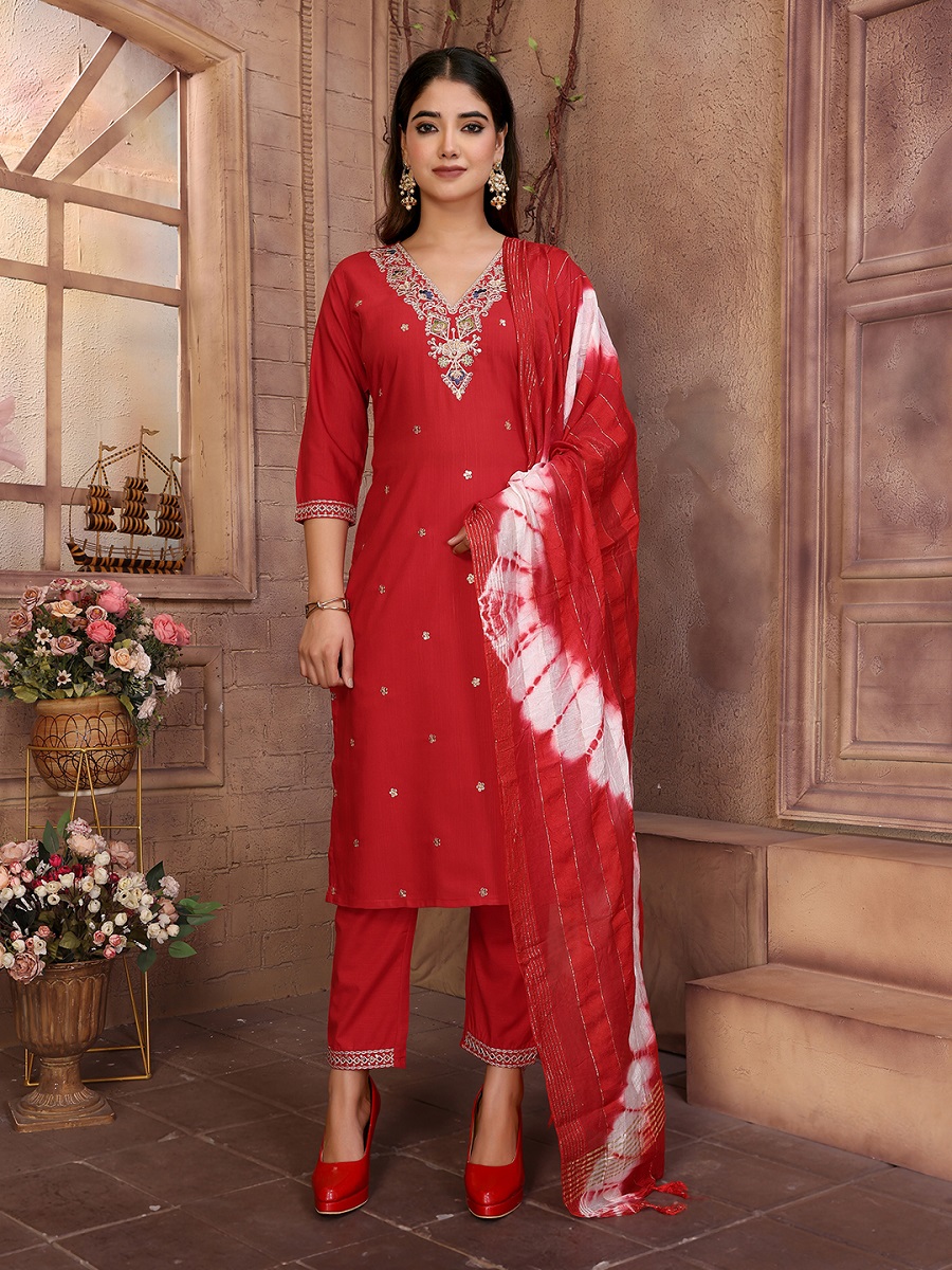 Women's Viscose Embroidery Straight Kurta Pant With Dupatta