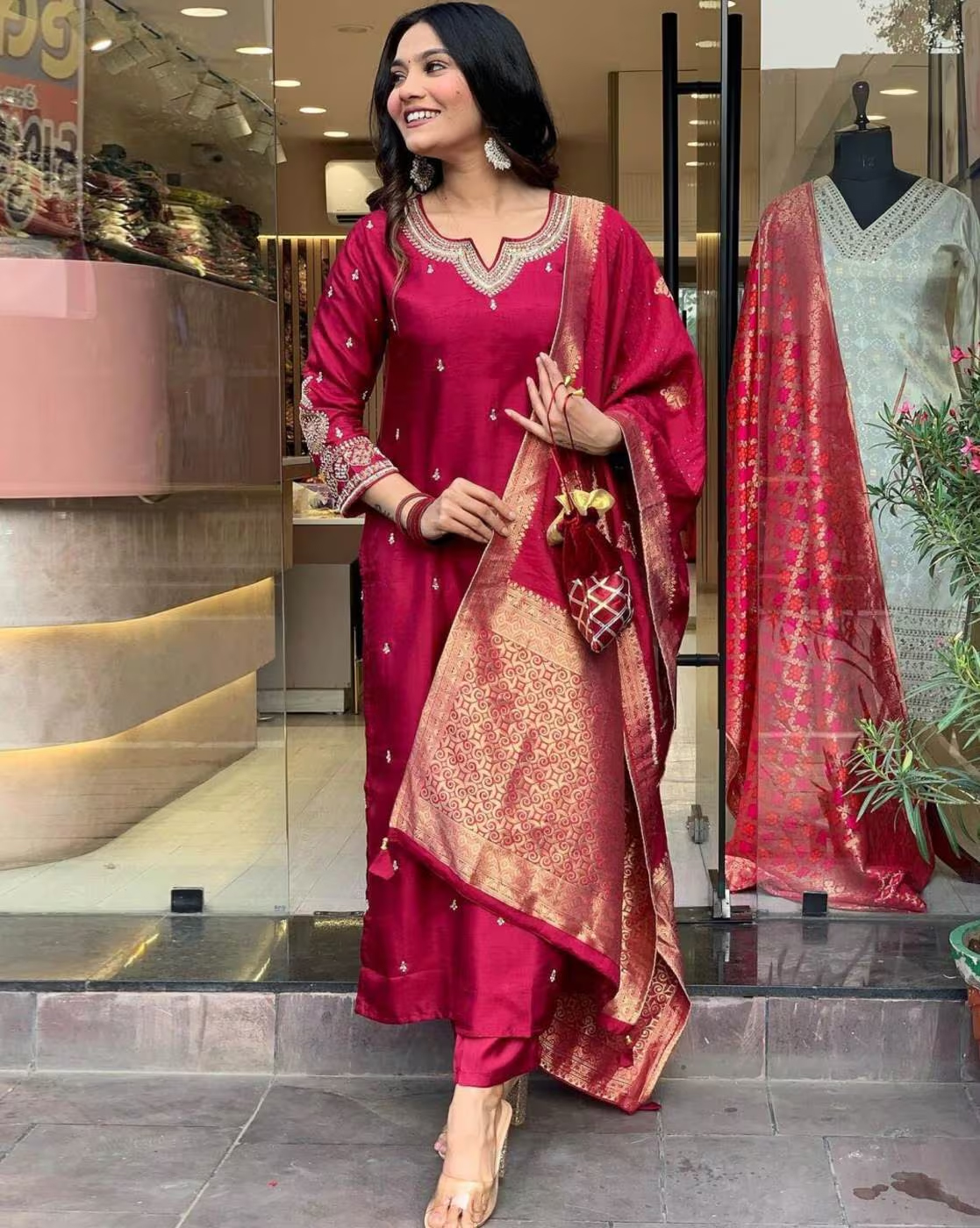 Women's Chanderi Embroidered Straight Kurta Pant With Dupatta