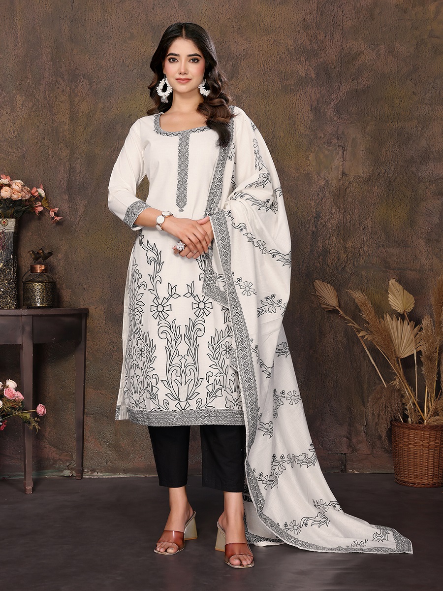 Women's Cotton Embroidery design Straight Kurta Pant With Dupatta