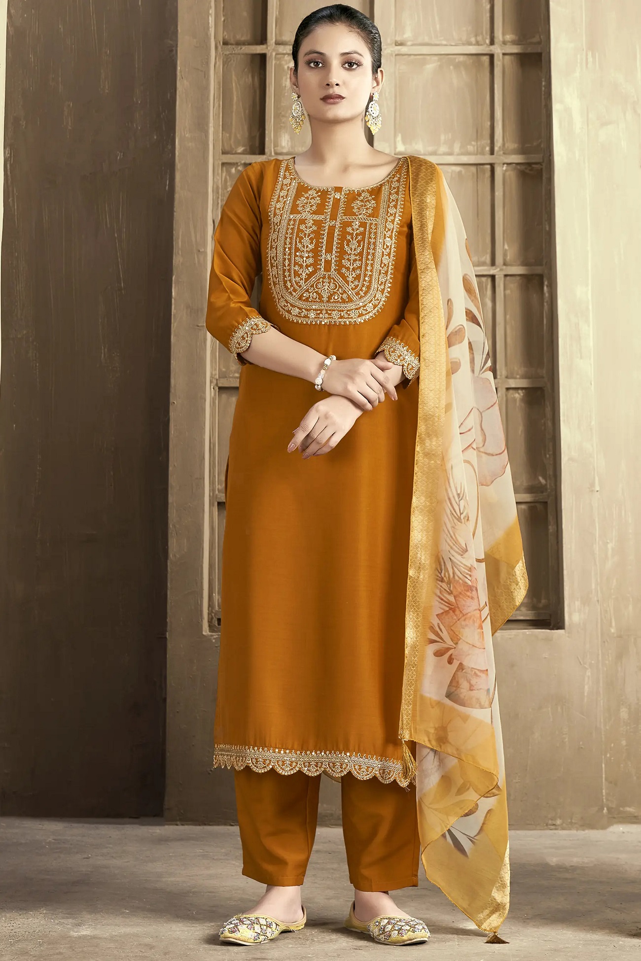 Women's Chanderi Embroidered Straight Kurta Pant With Dupatta
