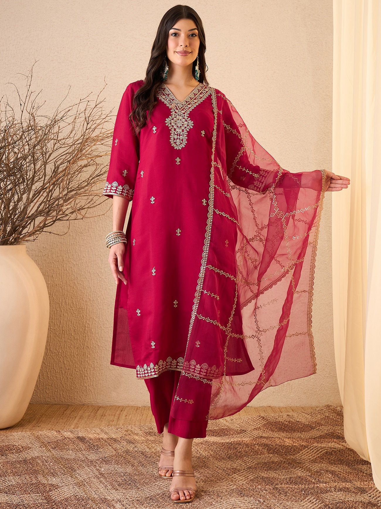 Women's Silk Blend Embroidered Straight Kurta Pant With Dupatta