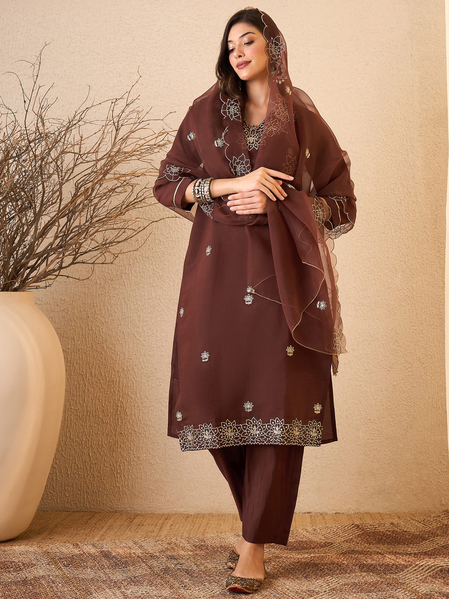 Women's Silk Blend Embroidered Straight Kurta Pant With Dupatta