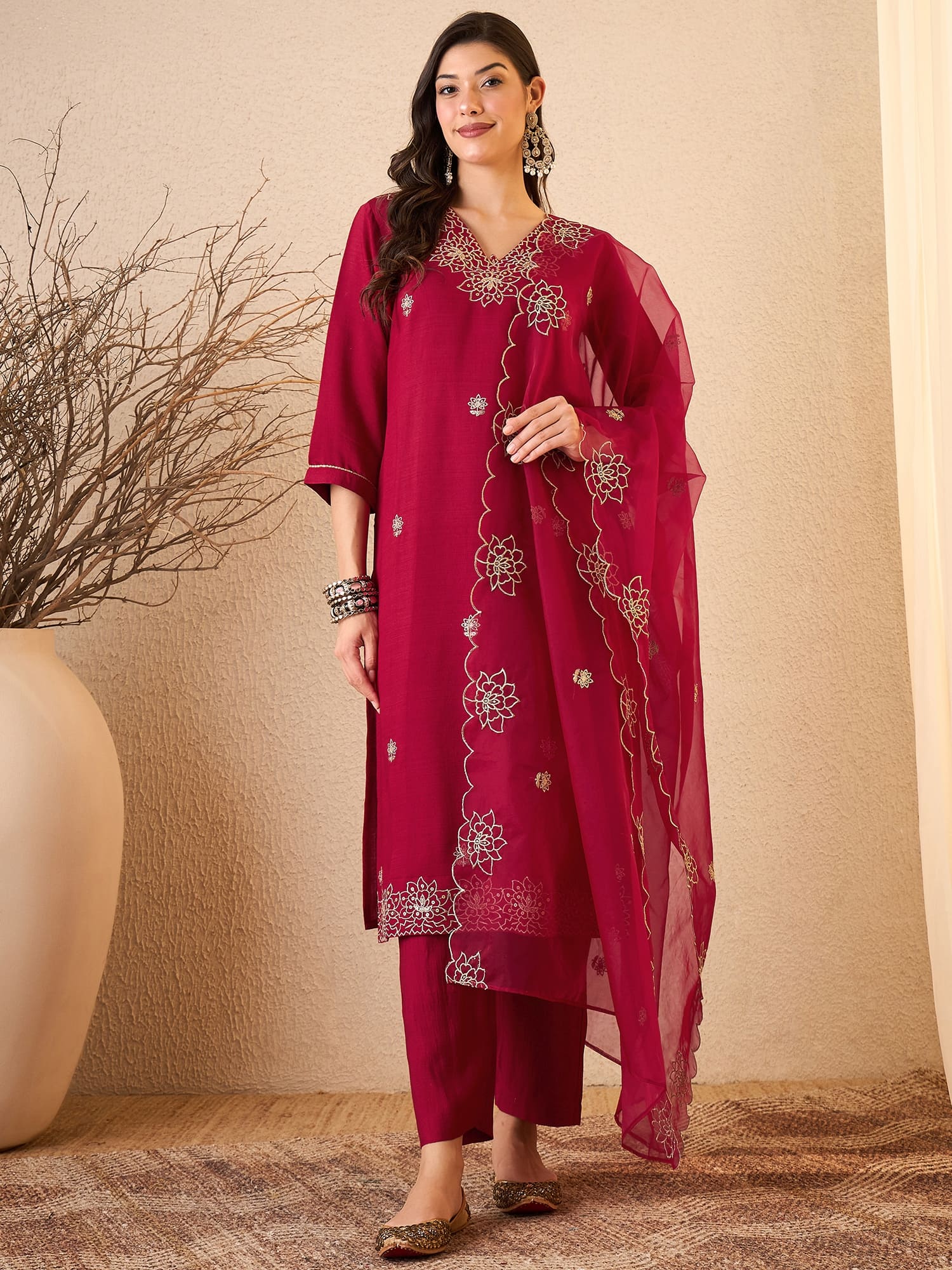 Women's Silk Blend Embroidered Straight Kurta Pant With Dupatta