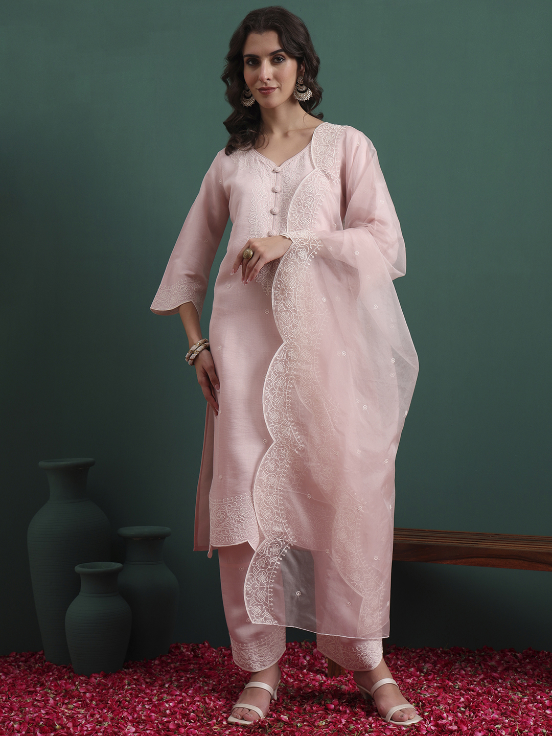 Women's Silk Blend Embroidery Straight Kurta Pant With Dupatta