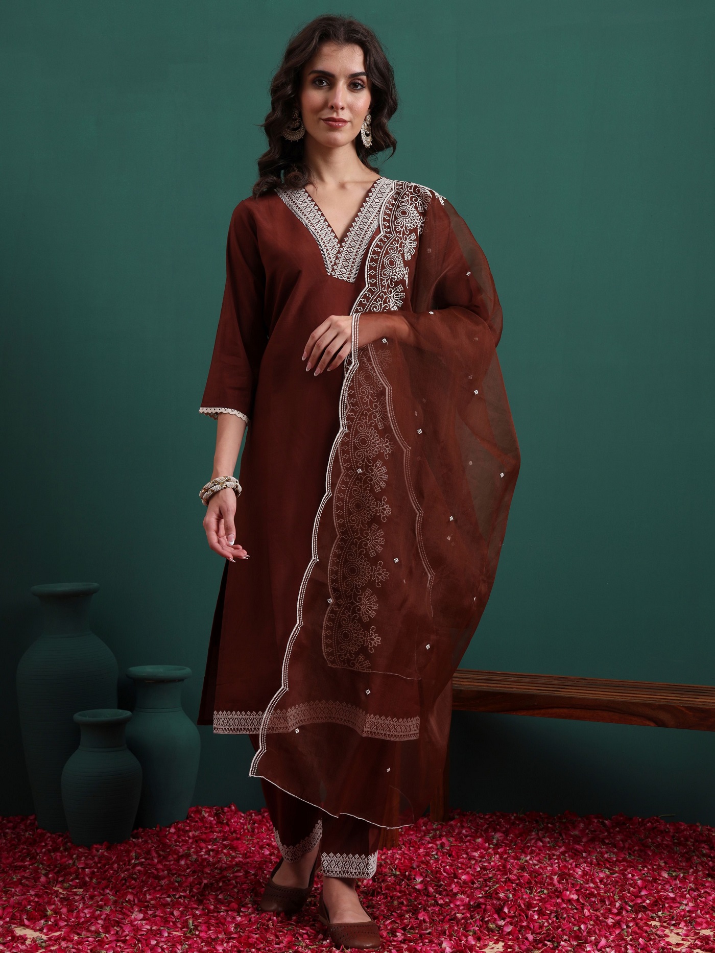 Women's Silk Blend Embroidery Straight Kurta Pant With Dupatta