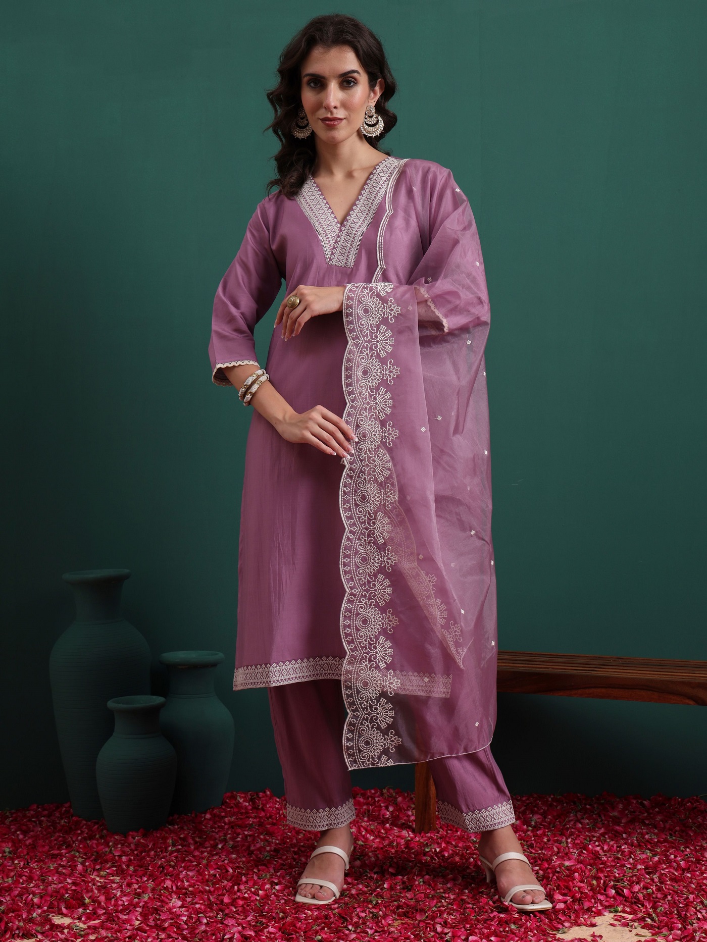 Women's Silk Blend Embroidery Straight Kurta Pant With Dupatta