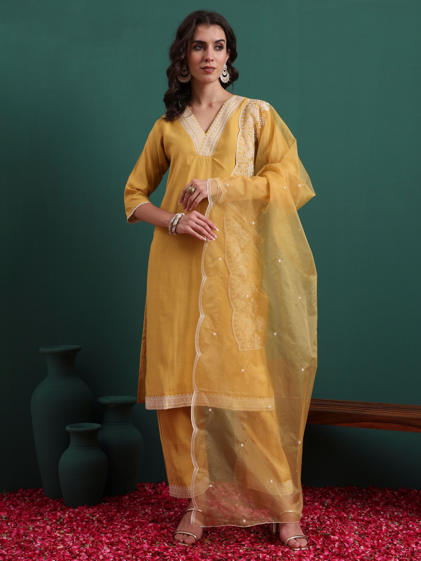 Women's Silk Blend Embroidery Straight Kurta Pant With Dupatta