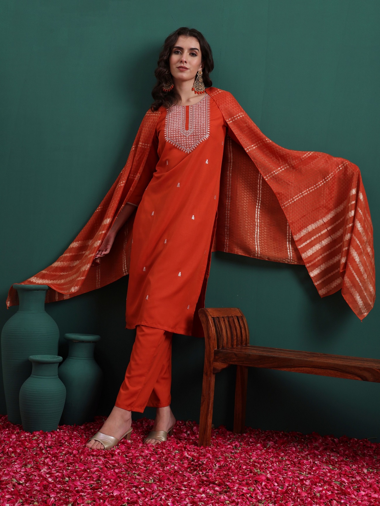Women's Viscose Embroidery Straight Kurta Pant With Dupatta