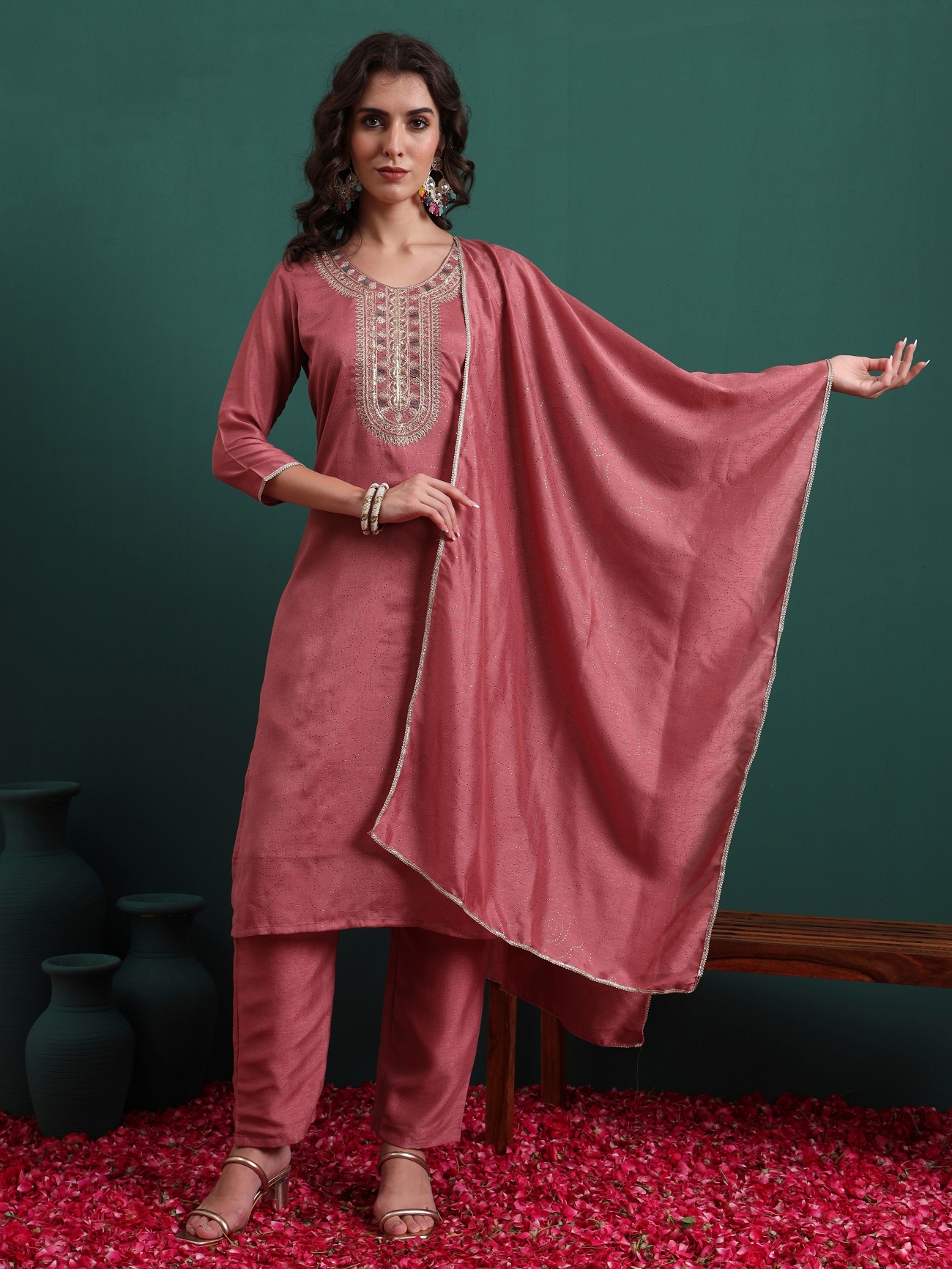 Women's Silk Blend Embroidery Straight Kurta Pant With Dupatta