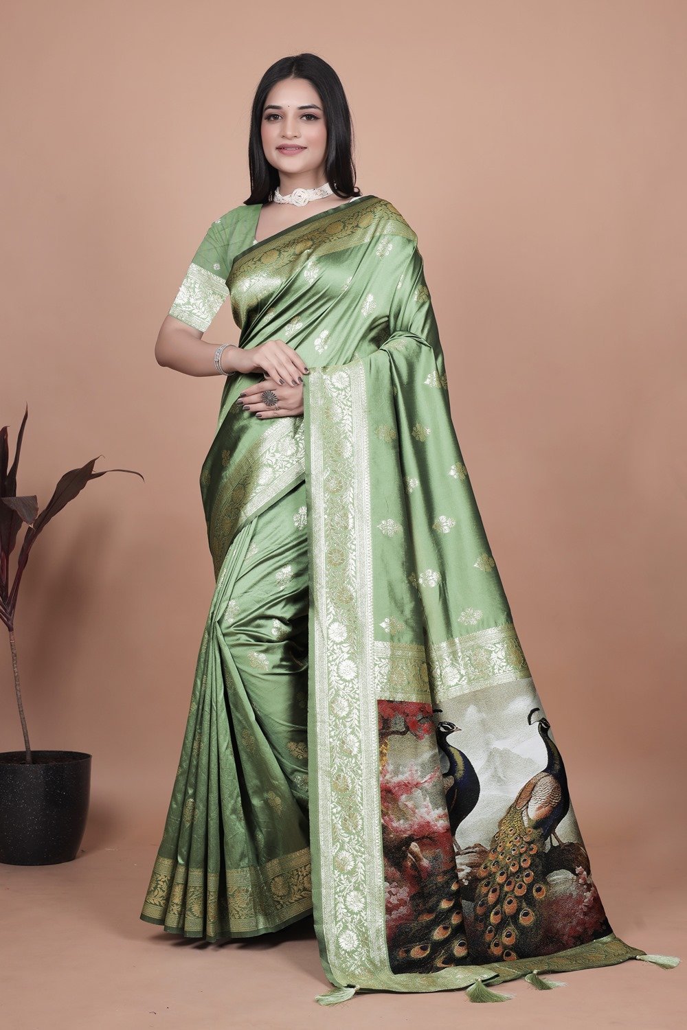 Avantini Elegant Sage Green Banarasi Silk Saree with Majestic Peacock Pallu With Unstitched Blouse Piece