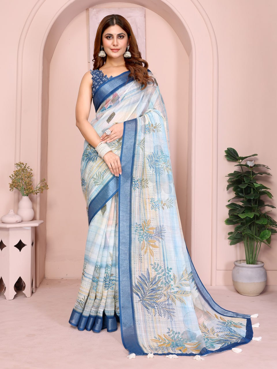 Linen Cotton Checked Saree With Unstiched Blouse Piece