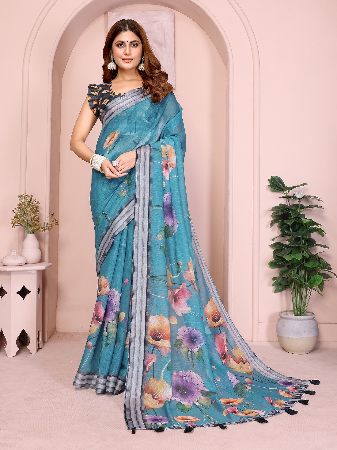Linen Cotton Digital Print Saree With Unstiched Blouse Piece