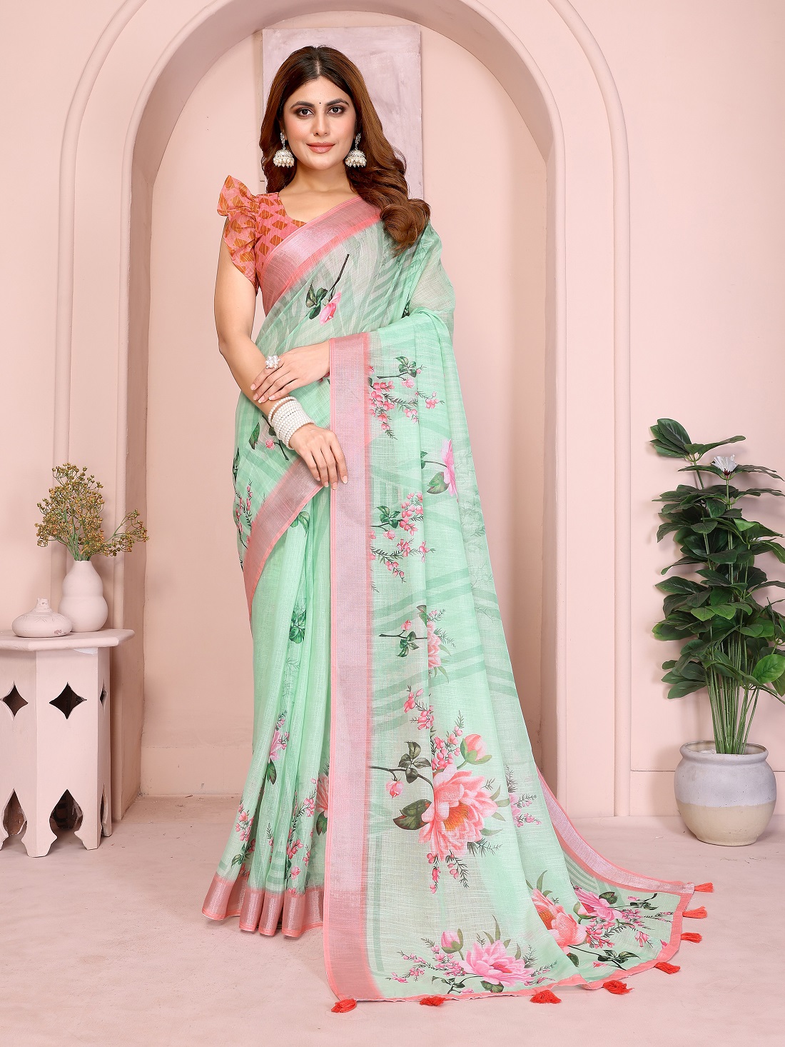 Linen Cotton Digital Print Saree With Unstiched Blouse Piece