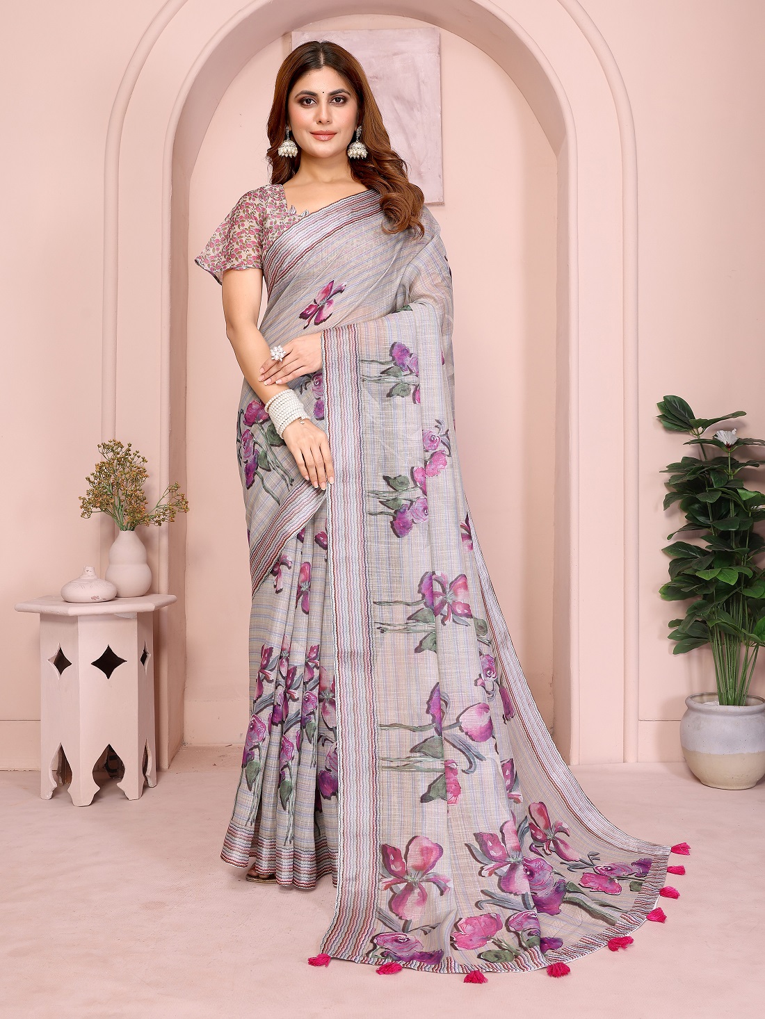 Linen Cotton Digital Print Saree With Unstiched Blouse Piece