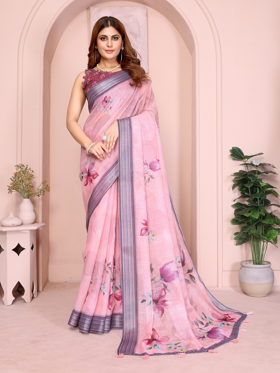 Linen Cotton Digital Print Saree With Unstiched Blouse Piece