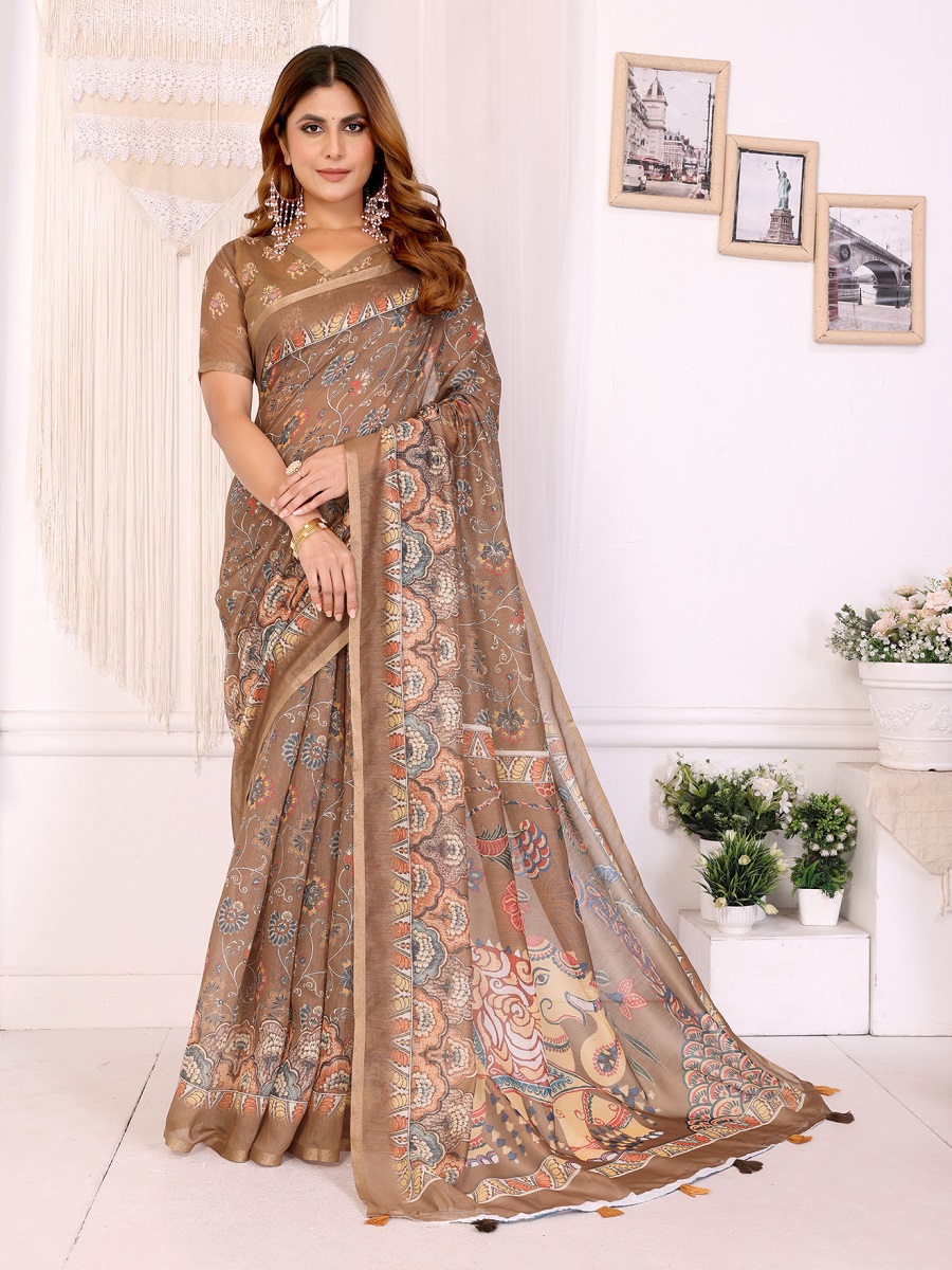Brown Chanderi Digital Print Saree with Unstiched Blouse Piece
