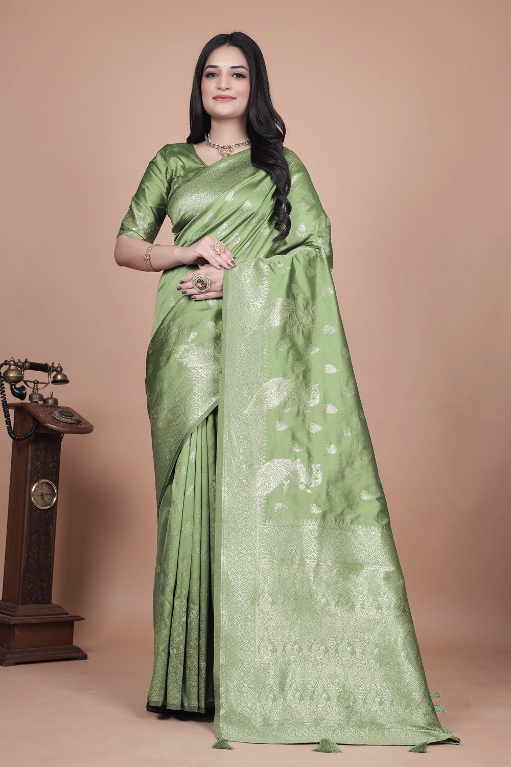 Avantini Lime Green Banarasi Silk Saree with Intricate Zari Peacock Motifs With Unstitched Blouse Piece